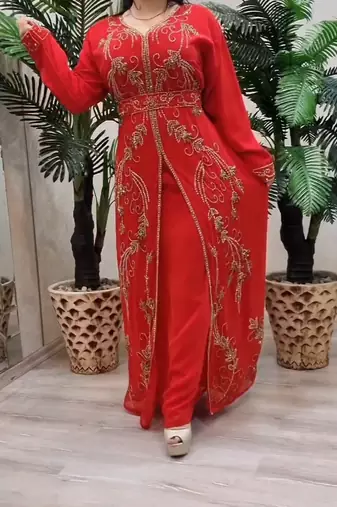 Red Handcrafted Zari work Stitched Georgette Kaftan Party Dress