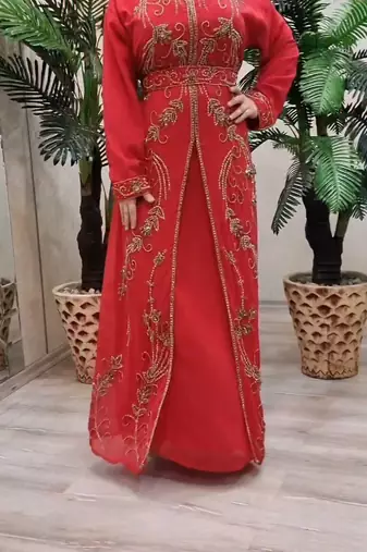 Red Handcrafted Zari work Stitched Georgette Kaftan Party Dress