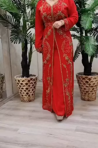 Red Handcrafted Zari work Stitched Georgette Kaftan Party Dress