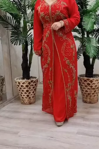 Red Handcrafted Zari work Stitched Georgette Kaftan Party Dress
