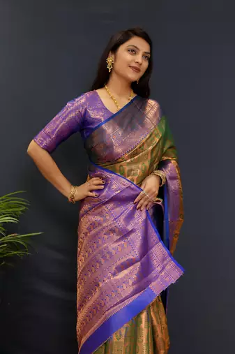 Villagius Jacquard Zari Work Green Saree with Blouse