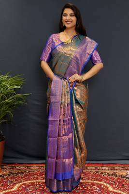 Dark green jaccaurd work kanjivaram silk saree with blouse 1