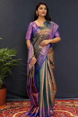 Dark green jaccaurd work kanjivaram silk saree with blouse 3
