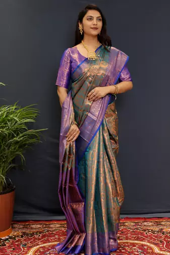 Dark green jaccaurd work kanjivaram silk saree with blouse