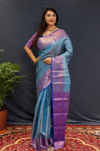 Dark blue jaccaurd work kanjivaram silk saree with blouse