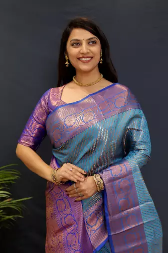 Dark blue jaccaurd work kanjivaram silk saree with blouse