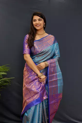 Dark blue jaccaurd work kanjivaram silk saree with blouse