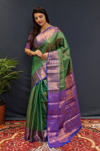 Light green jaccaurd work kanjivaram silk saree with blouse