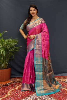 Pink green jaccaurd work kanjivaram silk saree with blouse 1