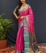 Pink green jaccaurd work kanjivaram silk saree with blouse
