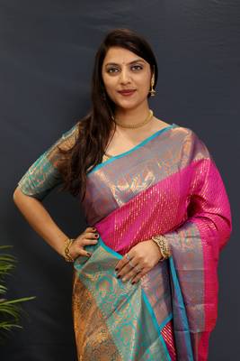 Pink green jaccaurd work kanjivaram silk saree with blouse 2