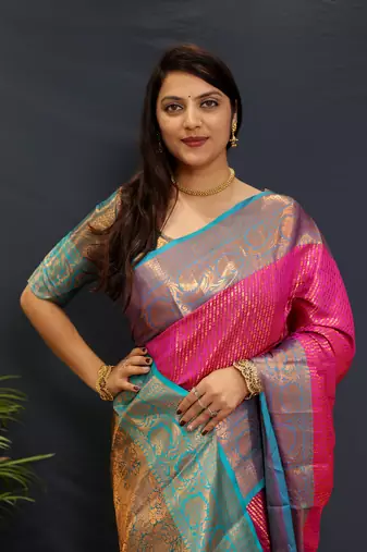 Pink green jaccaurd work kanjivaram silk saree with blouse
