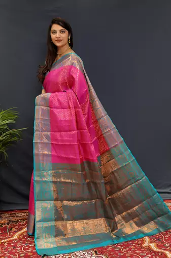 Pink green jaccaurd work kanjivaram silk saree with blouse
