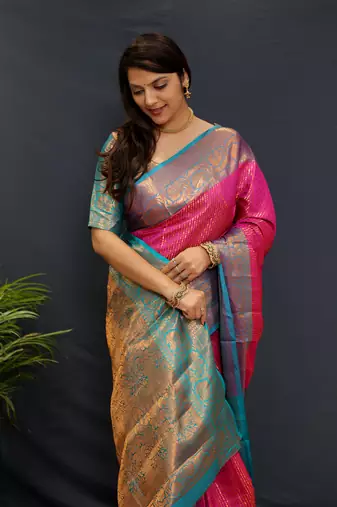 Pink green jaccaurd work kanjivaram silk saree with blouse
