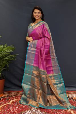 Purple green jaccaurd work kanjivaram silk saree with blouse 1
