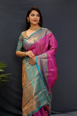 Purple green jaccaurd work kanjivaram silk saree with blouse 2