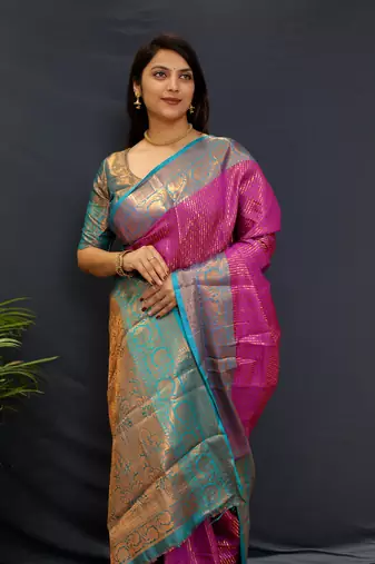 Purple green jaccaurd work kanjivaram silk saree with blouse