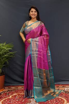 Purple green jaccaurd work kanjivaram silk saree with blouse 3