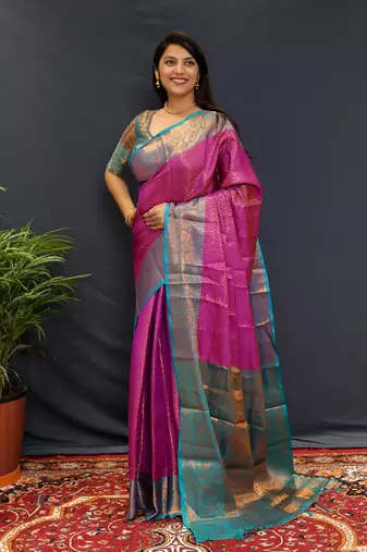 Purple green jaccaurd work kanjivaram silk saree with blouse