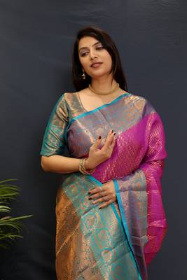 Purple green jaccaurd work kanjivaram silk saree with blouse 4
