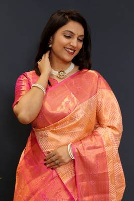 Creamjaccaurd work kanjivaram silk saree with blouse 2