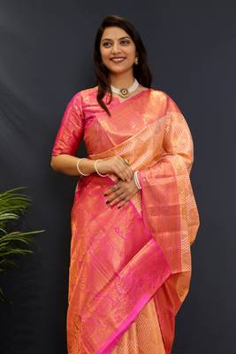 Creamjaccaurd work kanjivaram silk saree with blouse 4