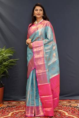 Light blue jaccaurd work kanjivaram silk saree with blouse 1