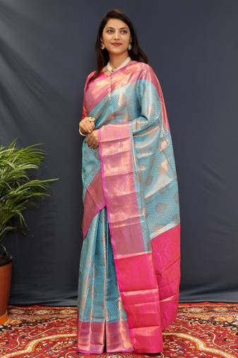 Light blue jaccaurd work kanjivaram silk saree with blouse