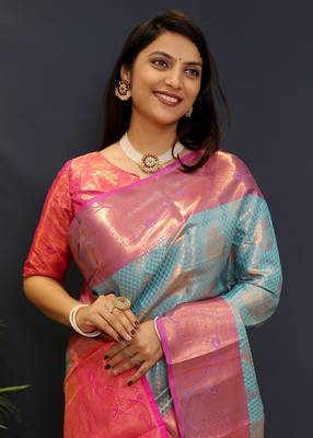 Light blue jaccaurd work kanjivaram silk saree with blouse 2