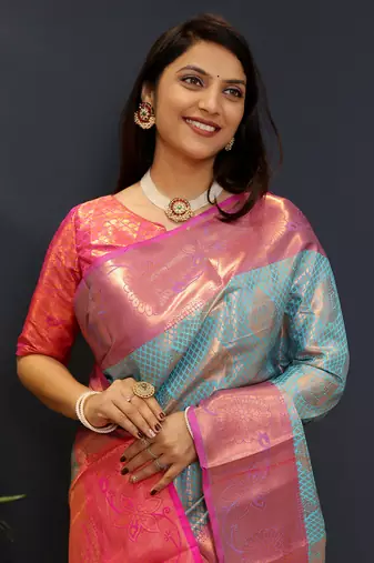 Light blue jaccaurd work kanjivaram silk saree with blouse