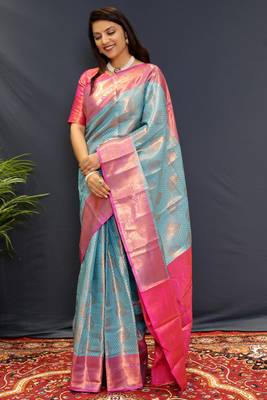 Light blue jaccaurd work kanjivaram silk saree with blouse 3