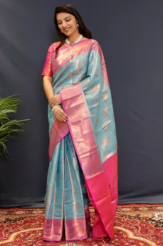 Light blue jaccaurd work kanjivaram silk saree with blouse