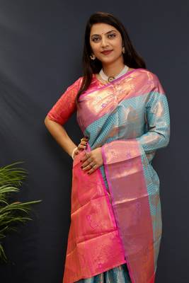 Light blue jaccaurd work kanjivaram silk saree with blouse 4
