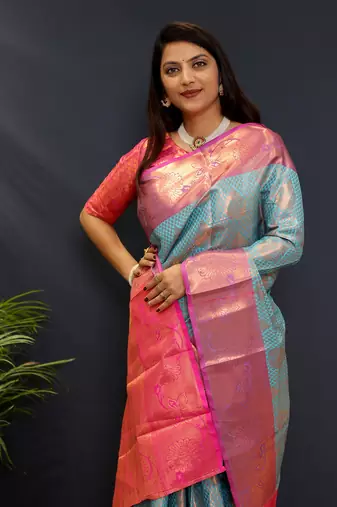 Light blue jaccaurd work kanjivaram silk saree with blouse