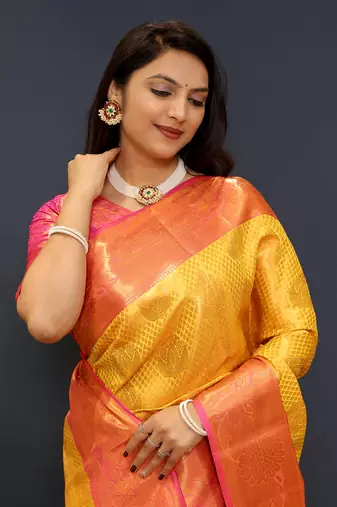 Gold jaccaurd work kanjivaram silk saree with blouse