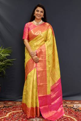 Lemon jaccaurd work kanjivaram silk saree with blouse 1