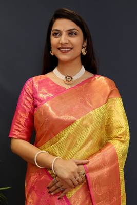 Lemon jaccaurd work kanjivaram silk saree with blouse 2