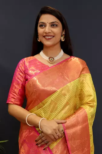 Lemon jaccaurd work kanjivaram silk saree with blouse