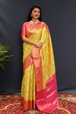 Lemon jaccaurd work kanjivaram silk saree with blouse 3