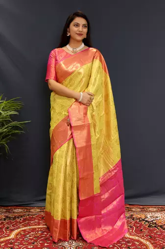 Lemon jaccaurd work kanjivaram silk saree with blouse