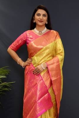 Lemon jaccaurd work kanjivaram silk saree with blouse 4