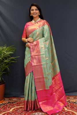Light blue jaccaurd work kanjivaram silk saree with blouse 1