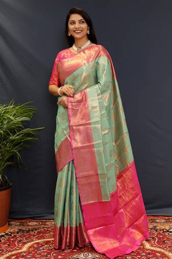 Light blue jaccaurd work kanjivaram silk saree with blouse