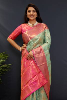 Light blue jaccaurd work kanjivaram silk saree with blouse 2