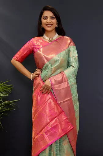 Light blue jaccaurd work kanjivaram silk saree with blouse