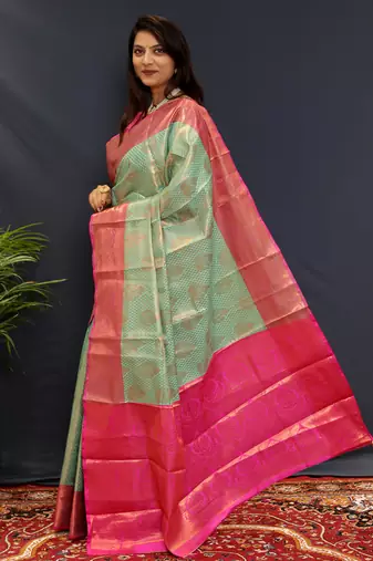 Light blue jaccaurd work kanjivaram silk saree with blouse