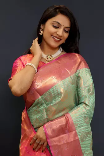 Light blue jaccaurd work kanjivaram silk saree with blouse