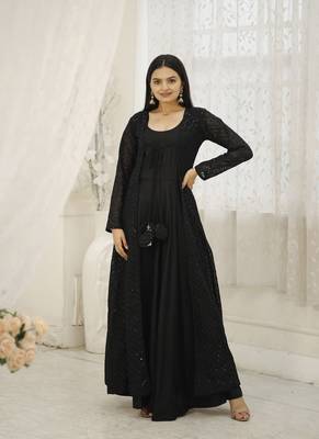 Black rayon gown with gorgette crochet embroidery shrug with fancy latkan 1