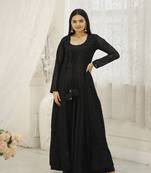 Black rayon gown with gorgette crochet embroidery shrug with fancy latkan
