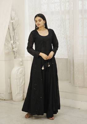 Black rayon gown with gorgette crochet embroidery shrug with fancy latkan 2